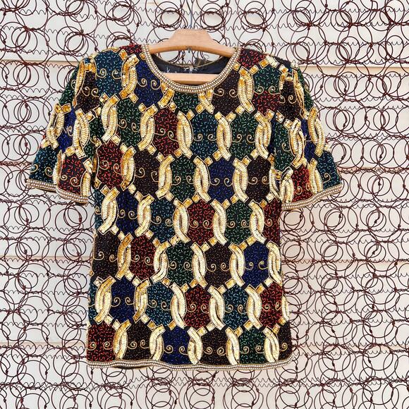 Vintage Laurence Kazar art deco bead sequin silk blouse gold chain pattern - Picture 1 of 10